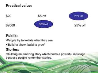Practical value:
$20 $5 off
$2000 25% off
Public:
•People try to imitate what they see
•“Build to show, build to grow”
Stories:
•Building an amazing story which holds a powerful message
because people remember stories.
25% off
$500 off
 