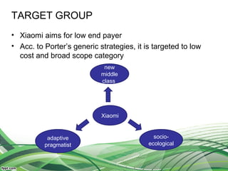 TARGET GROUP
• Xiaomi aims for low end payer
• Acc. to Porter’s generic strategies, it is targeted to low
cost and broad scope category
Xiaomi
new
middle
class
adaptive
pragmatist
socio-
ecological
 