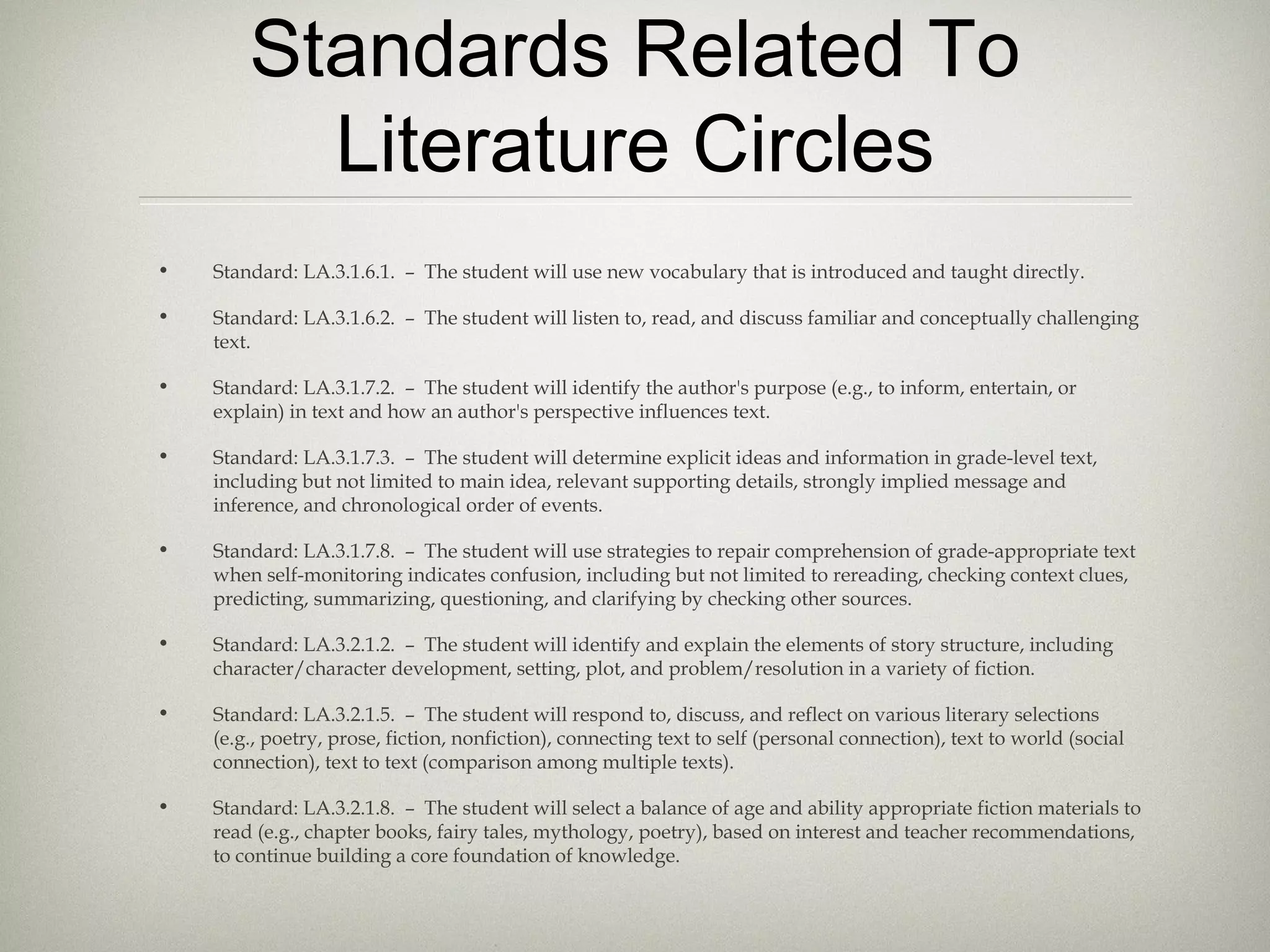 Standards Related To
Literature Circles
• Standard: LA.3.1.6.1.  –  The student will use new vocabulary that is introduced and taught directly.
• Standard: LA.3.1.6.2.  –  The student will listen to, read, and discuss familiar and conceptually challenging
text.
• Standard: LA.3.1.7.2.  –  The student will identify the author's purpose (e.g., to inform, entertain, or
explain) in text and how an author's perspective influences text.
• Standard: LA.3.1.7.3.  –  The student will determine explicit ideas and information in grade-level text,
including but not limited to main idea, relevant supporting details, strongly implied message and
inference, and chronological order of events.
• Standard: LA.3.1.7.8.  –  The student will use strategies to repair comprehension of grade-appropriate text
when self-monitoring indicates confusion, including but not limited to rereading, checking context clues,
predicting, summarizing, questioning, and clarifying by checking other sources.
• Standard: LA.3.2.1.2.  –  The student will identify and explain the elements of story structure, including
character/character development, setting, plot, and problem/resolution in a variety of fiction.
• Standard: LA.3.2.1.5.  –  The student will respond to, discuss, and reflect on various literary selections
(e.g., poetry, prose, fiction, nonfiction), connecting text to self (personal connection), text to world (social
connection), text to text (comparison among multiple texts).
• Standard: LA.3.2.1.8.  –  The student will select a balance of age and ability appropriate fiction materials to
read (e.g., chapter books, fairy tales, mythology, poetry), based on interest and teacher recommendations,
to continue building a core foundation of knowledge.
 