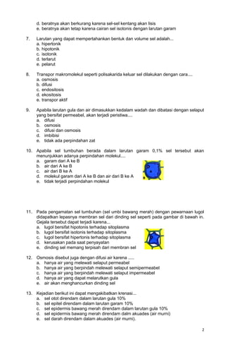 d. beratnya akan berkurang karena sel-sel kentang akan lisis
e. beratnya akan tetap karena cairan sel isotonis dengan larutan garam
7. Larutan yang dapat mempertahankan bentuk dan volume sel adalah...
a. hipertonik
b. hipotonik
c. isotonik
d. terlarut
e. pelarut
8. Transpor makromolekul seperti polisakarida keluar sel dilakukan dengan cara....
a. osmosis
b. difusi
c. endositosis
d. ekositosis
e. transpor aktif
9. Apabila larutan gula dan air dimasukkan kedalam wadah dan dibatasi dengan selaput
yang bersifat permeabel, akan terjadi peristiwa....
a. difusi
b. osmosis
c. difusi dan osmosis
d. imbibisi
e. tidak ada perpindahan zat
10. Apabila sel tumbuhan berada dalam larutan garam 0,1% sel tersebut akan
menunjukkan adanya perpindahan molekul....
a. garam dari A ke B
b. air dari A ke B
c. air dari B ke A
d. molekul garam dari A ke B dan air dari B ke A
e. tidak terjadi perpindahan molekul
11. Pada pengamatan sel tumbuhan (sel umbi bawang merah) dengan pewarnaan lugol
didapatkan lepasnya membran sel dari dinding sel seperti pada gambar di bawah in.
Gejala tersebut dapat terjadi karena...
a. lugol bersifat hipotonis terhadap sitoplasma
b. lugol bersifat isotonis terhadap sitoplasma
c. lugol bersifat hipertonis terhadap sitoplasma
d. kerusakan pada saat penyayatan
e. dinding sel memang terpisah dari membran sel
12. Osmosis disebut juga dengan difusi air karena .....
a. hanya air yang melewati selaput permeabel
b. hanya air yang berpindah melewati selaput semipermeabel
c. hanya air yang berpindah melewati selaput impermeabel
d. hanya air yang dapat melarutkan gula
e. air akan menghancurkan dinding sel
13. Kejadian berikut ini dapat mengakibatkan krenasi...
a. sel otot direndam dalam larutan gula 10%
b. sel epitel direndam dalam larutan garam 10%
c. sel epidermis bawang merah direndam dalam larutan gula 10%
d. sel epidermis bawang merah direndam dalm akuades (air murni)
e. sel darah direndam dalam akuades (air murni).
2
 