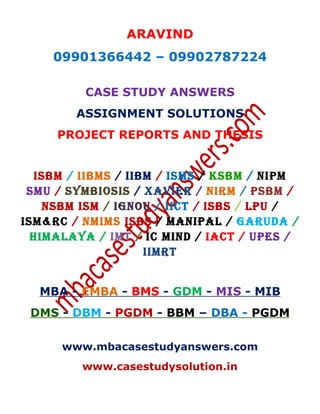ARAVIND
09901366442 – 09902787224
CASE STUDY ANSWERS
ASSIGNMENT SOLUTIONS
PROJECT REPORTS AND THESIS
ISBM / IIBMS / IIBM / ISMS / KSBM / NIPM
SMU / SYMBIOSIS / XAVIER / NIRM / PSBM /
NSBM ISM / IGNOU / IICT / ISBS / LPU /
ISM&RC / NMIMS ISBS / MANIPAL / GARUDA /
HIMALAYA / IMT / IC MIND / IACT / UPES /
IIMRT
MBA - EMBA - BMS - GDM - MIS - MIB
DMS - DBM - PGDM - BBM – DBA - PGDM
www.mbacasestudyanswers.com
www.casestudysolution.in
 