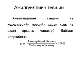 Ажилгүйдлийн түвшин
Ажилгүйдлийн түвшин нь
хөдөлмөрийн нөөцийн хэдэн хувь нь
ажил эрхэлж чадахгүй байгааг
илэрхийлнэ.
u =
 