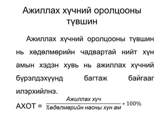 Ажиллах хүчний оролцооны
түвшин
Ажиллах хүчний оролцооны түвшин
нь хөдөлмөрийн чадвартай нийт хүн
амын хэдэн хувь нь ажиллах хүчний
бүрэлдэхүүнд багтаж байгааг
илэрхийлнэ.
АХОТ =
 