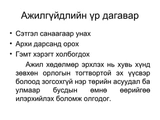 Ажилгүйдлийн үр дагавар
• Сэтгэл санаагаар унах
• Архи дарсанд орох
• Гэмт хэрэгт холбогдох
Ажил хөдөлмөр эрхлэх нь хувь хүнд
зөвхөн орлогын тогтвортой эх үүсвэр
болоод зогсохгүй нэр төрийн асуудал ба
улмаар бусдын өмнө өөрийгөө
илэрхийлэх боломж олгодог.
 