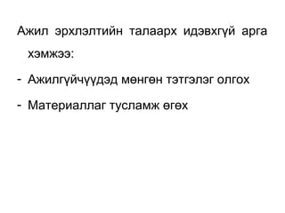 Ажил эрхлэлтийн талаарх идэвхгүй арга
хэмжээ:
- Ажилгүйчүүдэд мөнгөн тэтгэлэг олгох
- Материаллаг тусламж өгөх
 