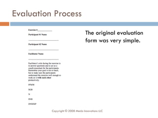 Evaluation Process The original evaluation form was very simple.  Copyright © 2008 Menlo Innovations LLC 
