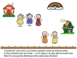 A Anita tem uma irmã e um irmão e gostam muito de brincar juntos.
O Xico também tem um irmão… é um rapaz e os dois dão-se muito bem.
Mas há uma grande diferença entre estas duas famílias!
 