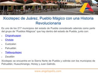 www.angelopolis.com
Xicotepec de Juárez, Pueblo Mágico con una Historia
Revolucionaria
Es uno de los 217 municipios del estado de Puebla considerado además como parte
del grupo de “Pueblos Mágicos” que hay dentro del estado de Puebla, junto con:
 Chignahuapan
 Cholula
 Cuetzalan
 Pahuatlán
 Tlatlauquitepec
 Zacatlán
Xicotepec se encuentra en la Sierra Norte de Puebla y colinda con los municipios de
Pahuatlán, Huauchinango, Honey y Juan Galindo.
 