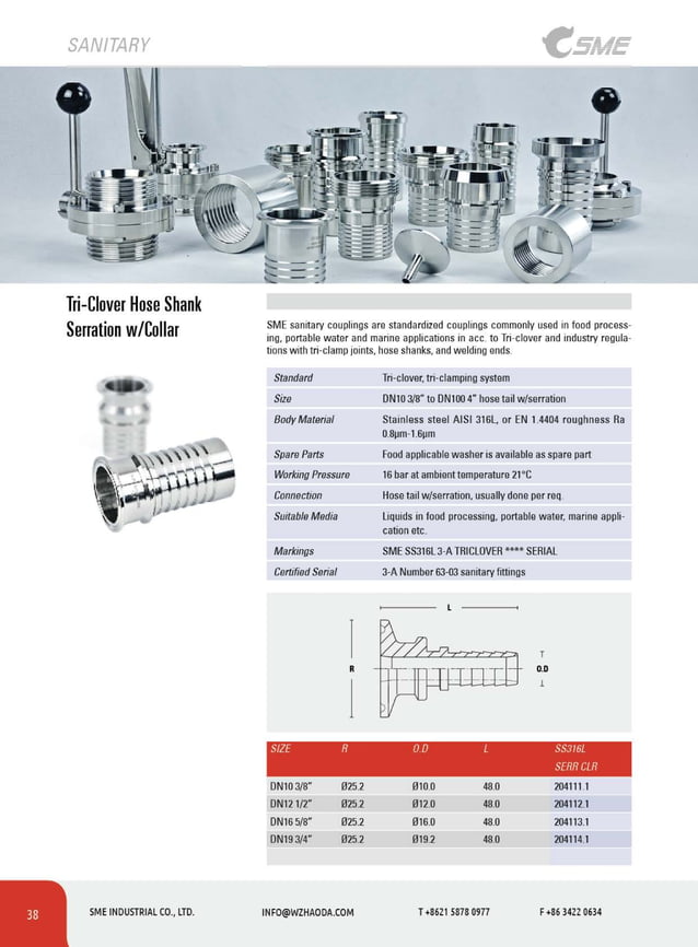 SME TriClover Triclamp Couplings Sanitary Hygienic Fittings Food