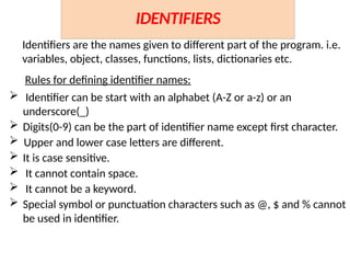 rules for naming identifiers in python programming... XICSPYTHONCHARACTERSETTOKENSBY_MRNADEEM.pptx