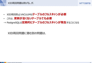 6Copyright © 2015 NTT DATA Corporation
XID周回問題は防げる。が、
• XID周回防止VACUUMはテーブルのフルスキャンが必要
• これは、更新が全くないテーブルでも必要
→ PostgreSQLは定期的にテーブルのフルスキャンが発生することになる
XID周回問題に潜む別の問題は、
 