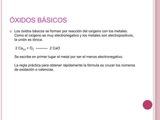 ÓXIDOS BÁSICOS


Los óxidos básicos se forman por reacción del oxígeno con los metales.
Como el oxígeno es muy electronegativo y los metales son electropositivos,
la unión es iónica.
2 Ca(s) + O2 ---------- 2 CaO
Se escribe en primer lugar el metal por ser el menos electronegativo.
La regla práctica para obtener rápidamente la fórmula es cruzar los números
de oxidación o valencias.

 