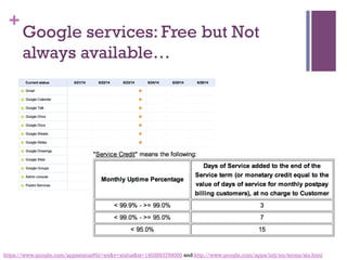 +
Google services: Free but Not
always available…
https://www.google.com/appsstatus#hl=en&v=status&ts=1403893799000 and http://www.google.com/apps/intl/en/terms/sla.html
 