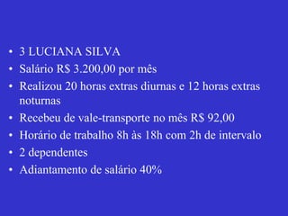 • 3 LUCIANA SILVA
• Salário R$ 3.200,00 por mês
• Realizou 20 horas extras diurnas e 12 horas extras
noturnas
• Recebeu de vale-transporte no mês R$ 92,00
• Horário de trabalho 8h às 18h com 2h de intervalo
• 2 dependentes
• Adiantamento de salário 40%
 