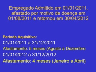 Período Aquisitivo:
01/01/2011 a 31/12/2011
Afastamento: 5 meses (Agosto a Dezembro
01/01/2012 a 31/12/2012
Afastamento: 4 meses (Janeiro a Abril)
Empregado Admitido em 01/01/2011,
afastado por motivo de doença em
01/08/2011 e retornou em 30/04/2012
 