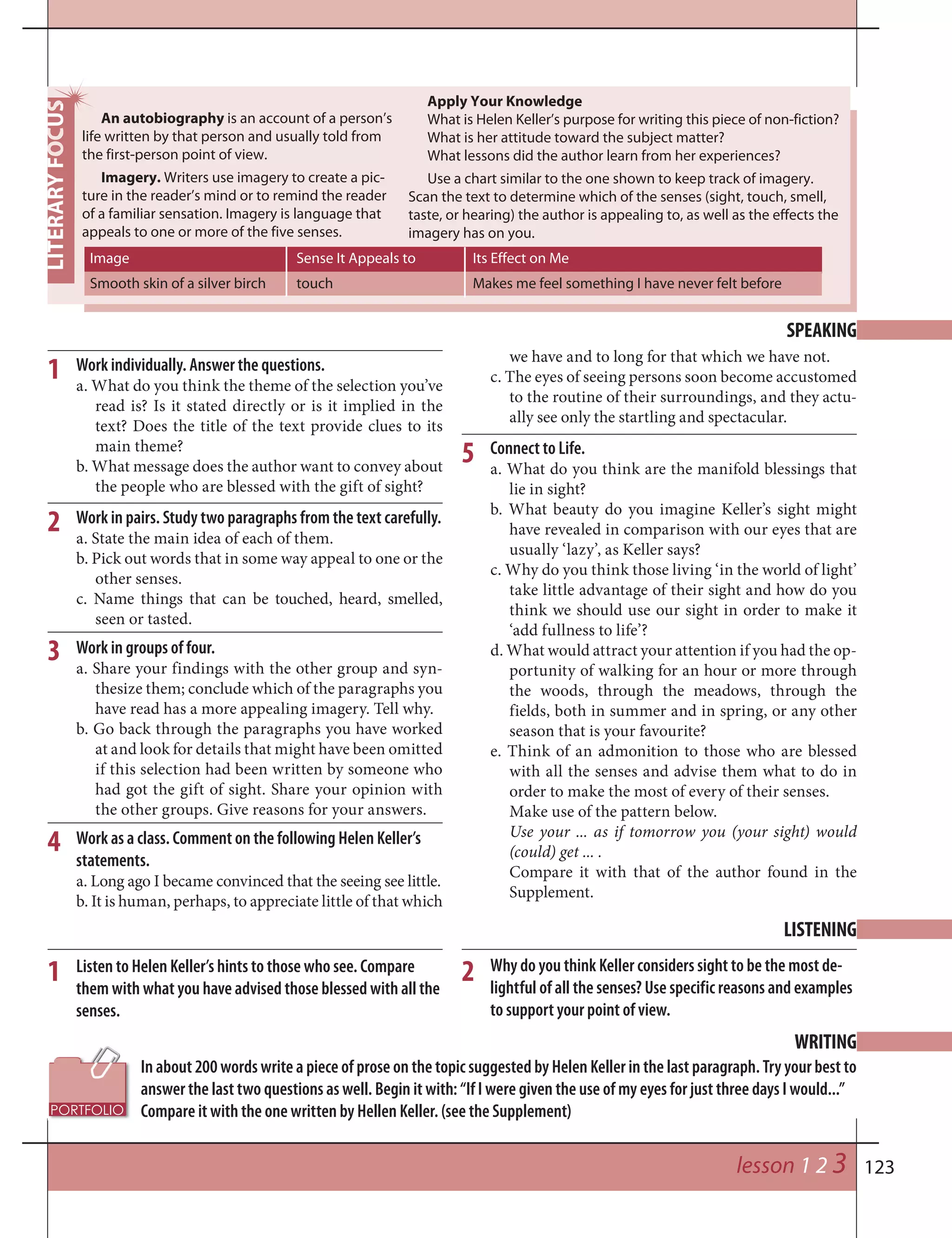 123
An autobiography is an account of a person’s
life written by that person and usually told from
the first-person point of view.
Imagery. Writers use imagery to create a pic-
ture in the reader’s mind or to remind the reader
of a familiar sensation. Imagery is language that
appeals to one or more of the five senses.
Apply Your Knowledge
What is Helen Keller’s purpose for writing this piece of non-fiction?
What is her attitude toward the subject matter?
What lessons did the author learn from her experiences?
Use a chart similar to the one shown to keep track of imagery.
Scan the text to determine which of the senses (sight, touch, smell,
taste, or hearing) the author is appealing to, as well as the effects the
imagery has on you.
Image Sense It Appeals to Its Effect on Me
Smooth skin of a silver birch touch Makes me feel something I have never felt before
lesson 1 2 3
Work individually. Answer the questions.
a. What do you think the theme of the selection you’ve
read is? Is it stated directly or is it implied in the
text? Does the title of the text provide clues to its
main theme?
b. What message does the author want to convey about
the people who are blessed with the gift of sight?
Work in pairs. Study two paragraphs from the text carefully.
a. State the main idea of each of them.
b. Pick out words that in some way appeal to one or the
other senses.
c. Name things that can be touched, heard, smelled,
seen or tasted.
Work in groups of four.
a. Share your findings with the other group and syn-
thesize them; conclude which of the paragraphs you
have read has a more appealing imagery. Tell why.
b. Go back through the paragraphs you have worked
at and look for details that might have been omitted
if this selection had been written by someone who
had got the gift of sight. Share your opinion with
the other groups. Give reasons for your answers.
Work as a class. Comment on the following Helen Keller’s
statements.
a. Long ago I became convinced that the seeing see little.
b. It is human, perhaps, to appreciate little of that which
SPEAKING
we have and to long for that which we have not.
c. The eyes of seeing persons soon become accustomed
to the routine of their surroundings, and they actu-
ally see only the startling and spectacular.
Connect to Life.
a. What do you think are the manifold blessings that
lie in sight?
b. What beauty do you imagine Keller’s sight might
have revealed in comparison with our eyes that are
usually ‘lazy’, as Keller says?
c. Why do you think those living ‘in the world of light’
take little advantage of their sight and how do you
think we should use our sight in order to make it
‘add fullness to life’?
d. What would attract your attention if you had the op-
portunity of walking for an hour or more through
the woods, through the meadows, through the
fields, both in summer and in spring, or any other
season that is your favourite?
e. Think of an admonition to those who are blessed
with all the senses and advise them what to do in
order to make the most of every of their senses.
Make use of the pattern below.
Use your ... as if tomorrow you (your sight) would
(could) get ... .
Compare it with that of the author found in the
Supplement.
1
2
3
4
5
In about 200 words write a piece of prose on the topic suggested by Helen Keller in the last paragraph. Try your best to
answer the last two questions as well. Begin it with: “If I were given the use of my eyes for just three days I would...”
Compare it with the one written by Hellen Keller. (see the Supplement)
WRITING
Listen to Helen Keller’s hints to those who see. Compare
them with what you have advised those blessed with all the
senses.
LISTENING
Why do you think Keller considers sight to be the most de-
lightful of all the senses? Use specific reasons and examples
to support your point of view.
1 2
 