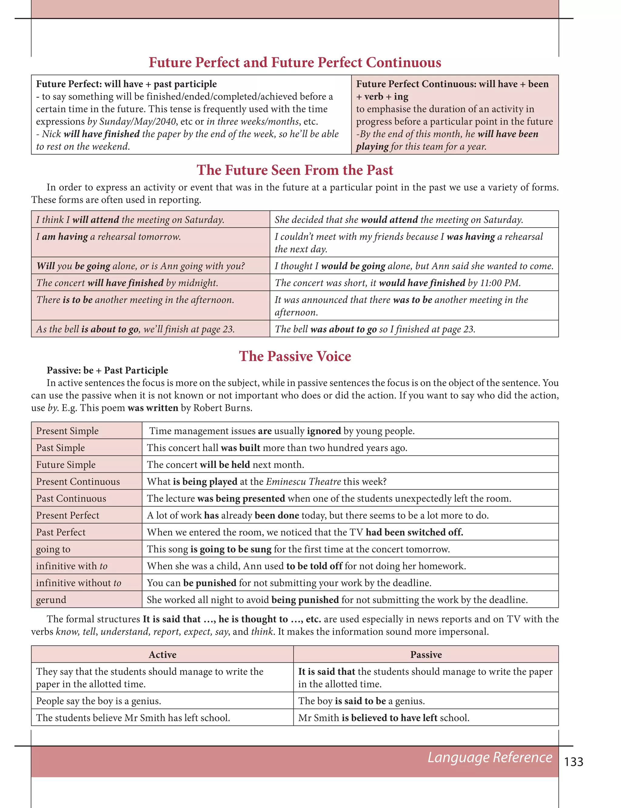 133Language Reference
Future Perfect and Future Perfect Continuous
Future Perfect: will have + past participle
- to say something will be finished/ended/completed/achieved before a
certain time in the future. This tense is frequently used with the time
expressions by Sunday/May/2040, etc or in three weeks/months, etc.
- Nick will have finished the paper by the end of the week, so he’ll be able
to rest on the weekend.
Future Perfect Continuous: will have + been
+ verb + ing
to emphasise the duration of an activity in
progress before a particular point in the future
-By the end of this month, he will have been
playing for this team for a year.
The Future Seen From the Past
In order to express an activity or event that was in the future at a particular point in the past we use a variety of forms.
These forms are often used in reporting.
I think I will attend the meeting on Saturday. She decided that she would attend the meeting on Saturday.
I am having a rehearsal tomorrow. I couldn’t meet with my friends because I was having a rehearsal
the next day.
Will you be going alone, or is Ann going with you? I thought I would be going alone, but Ann said she wanted to come.
The concert will have finished by midnight. The concert was short, it would have finished by 11:00 PM.
There is to be another meeting in the afternoon. It was announced that there was to be another meeting in the
afternoon.
As the bell is about to go, we’ll finish at page 23. The bell was about to go so I finished at page 23.
The Passive Voice
Passive: be + Past Participle
In active sentences the focus is more on the subject, while in passive sentences the focus is on the object of the sentence. You
can use the passive when it is not known or not important who does or did the action. If you want to say who did the action,
use by. E.g. This poem was written by Robert Burns.
Present Simple Time management issues are usually ignored by young people.
Past Simple This concert hall was built more than two hundred years ago.
Future Simple The concert will be held next month.
Present Continuous What is being played at the Eminescu Theatre this week?
Past Continuous The lecture was being presented when one of the students unexpectedly left the room.
Present Perfect A lot of work has already been done today, but there seems to be a lot more to do.
Past Perfect When we entered the room, we noticed that the TV had been switched off.
going to This song is going to be sung for the first time at the concert tomorrow.
infinitive with to When she was a child, Ann used to be told off for not doing her homework.
infinitive without to You can be punished for not submitting your work by the deadline.
gerund She worked all night to avoid being punished for not submitting the work by the deadline.
The formal structures It is said that …, he is thought to …, etc. are used especially in news reports and on TV with the
verbs know, tell, understand, report, expect, say, and think. It makes the information sound more impersonal.
Active Passive
They say that the students should manage to write the
paper in the allotted time.
It is said that the students should manage to write the paper
in the allotted time.
People say the boy is a genius. The boy is said to be a genius.
The students believe Mr Smith has left school. Mr Smith is believed to have left school.
 