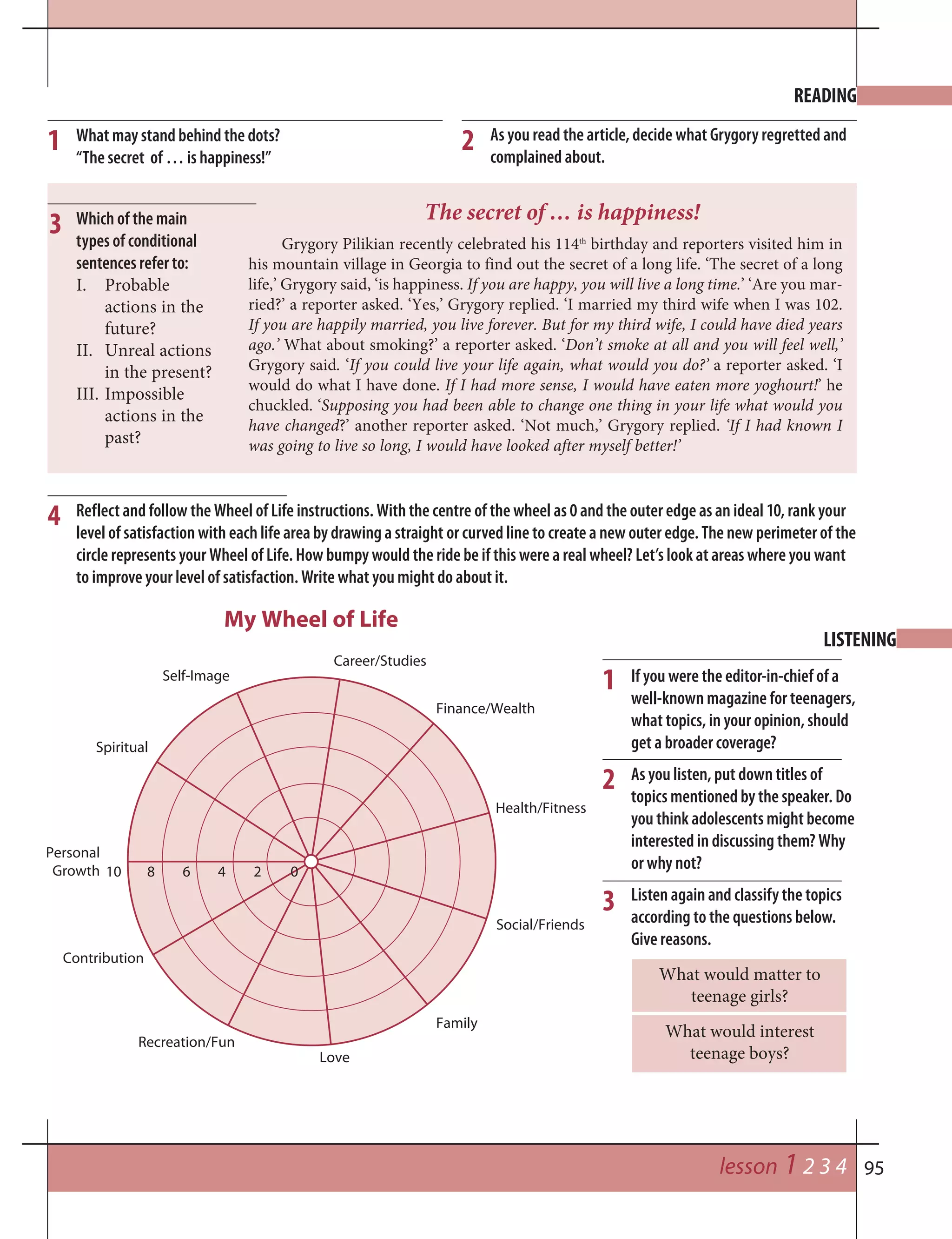 95lesson 1 2 3 4
What may stand behind the dots?
“The secret of … is happiness!”
As you read the article, decide what Grygory regretted and
complained about.
21
Which of the main
types of conditional
sentences refer to:
I. Probable
actions in the
future?
II. Unreal actions
in the present?
III. Impossible
actions in the
past?
The secret of … is happiness!
Grygory Pilikian recently celebrated his 114th
birthday and reporters visited him in
his mountain village in Georgia to find out the secret of a long life. ‘The secret of a long
life,’ Grygory said, ‘is happiness. If you are happy, you will live a long time.’ ‘Are you mar-
ried?’ a reporter asked. ‘Yes,’ Grygory replied. ‘I married my third wife when I was 102.
If you are happily married, you live forever. But for my third wife, I could have died years
ago.’ What about smoking?’ a reporter asked. ‘Don’t smoke at all and you will feel well,’
Grygory said. ‘If you could live your life again, what would you do?’ a reporter asked. ‘I
would do what I have done. If I had more sense, I would have eaten more yoghourt!’ he
chuckled. ‘Supposing you had been able to change one thing in your life what would you
have changed?’ another reporter asked. ‘Not much,’ Grygory replied. ‘If I had known I
was going to live so long, I would have looked after myself better!’
3
READING
If you were the editor-in-chief of a
well-known magazine for teenagers,
what topics, in your opinion, should
get a broader coverage?
As you listen, put down titles of
topics mentioned by the speaker. Do
you think adolescents might become
interested in discussing them? Why
or why not?
Listen again and classify the topics
according to the questions below.
Give reasons.
LISTENING
What would matter to
teenage girls?
What would interest
teenage boys?
2
3
4
1
Reflect and follow the Wheel of Life instructions. With the centre of the wheel as 0 and the outer edge as an ideal 10, rank your
level of satisfaction with each life area by drawing a straight or curved line to create a new outer edge. The new perimeter of the
circle represents your Wheel of Life. How bumpy would the ride be if this were a real wheel? Let’s look at areas where you want
to improve your level of satisfaction. Write what you might do about it.
My Wheel of Life
Career/Studies
Finance/Wealth
Health/Fitness
Social/Friends
Family
Love
Recreation/Fun
Contribution
Spiritual
Self-Image
26810
Personal
Growth 04
 
