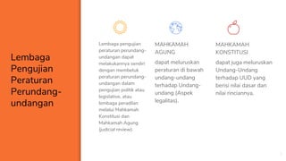 Lembaga
Pengujian
Peraturan
Perundang-
undangan
Lembaga pengujian
peraturan perundang-
undangan dapat
melakukannya sendiri
dengan membetuk
peraturan perundang-
undangan dalam
pengujian politik atau
legislative, atau
lembaga peradilan
melalui Mahkamah
Konstitusi dan
Mahkamah Agung
(judicial review).
MAHKAMAH
AGUNG
dapat meluruskan
peraturan di bawah
undang-undang
terhadap Undang-
undang (Aspek
legalitas).
7
MAHKAMAH
KONSTITUSI
dapat juga meluruskan
Undang-Undang
terhadap UUD yang
berisi nilai dasar dan
nilai rinciannya.
 