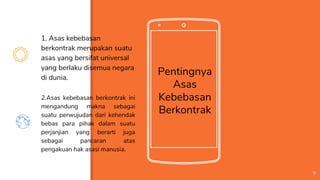 9
Pentingnya
Asas
Kebebasan
Berkontrak
2.Asas kebebasan berkontrak ini
mengandung makna sebagai
suatu perwujudan dari kehendak
bebas para pihak dalam suatu
perjanjian yang berarti juga
sebagai pancaran atas
pengakuan hak asasi manusia.
1. Asas kebebasan
berkontrak merupakan suatu
asas yang bersifat universal
yang berlaku disemua negara
di dunia.
 