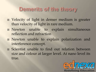  Velocity of light in denser medium is greater
than velocity of light in rare medium.
 Newton unable to explain simultaneous
reflection and refraction
 Newton unable to explain polarization and
interference concept.
 Scientist unable to find out relation between
size and colour at larger level. At nano level its
true.
 