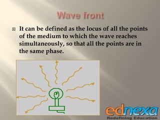  It can be defined as the locus of all the points
of the medium to which the wave reaches
simultaneously, so that all the points are in
the same phase.
 