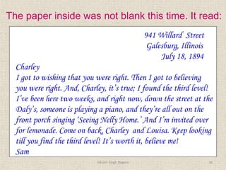 The paper inside was not blank this time. It read:
941 Willard Street
Galesburg, Illinois
July 18, 1894
Charley
I got to wishing that you were right. Then I got to believing
you were right. And, Charley, it’s true; I found the third level!
I’ve been here two weeks, and right now, down the street at the
Daly’s, someone is playing a piano, and they’re all out on the
front porch singing ‘Seeing Nelly Home.’ And I’m invited over
for lemonade. Come on back, Charley and Louisa. Keep looking
till you find the third level! It’s worth it, believe me!
Sam
16
Vikram Singh Nagore
 