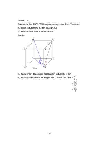 14
Contoh :
Diketahui kubus ABCD.EFGH dengan panjang rusuk 5 cm. Tentukan :
a. Besar sudut antara BG dan bidang ABCD
b. Cosinus sudut antara BH dan ABCD
Jawab :
a. Sudut antara BG dengan ABCD adalah sudut CBG = 450
b. Cosinus sudut antara BH dengan ABCD adalah Cos DBH =
BH
BD
=
35
25
=
3
6
A B
CD
E F
GH
5 cm
 
