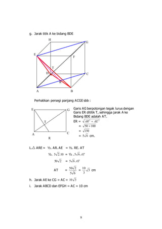 8
g. Jarak titik A ke bidang BDE
Perhatikan persegi panjang ACGE sbb :
Garis AG berpotongan tegak lurus dengan
Garis ER dititik T, sehingga jarak A ke
Bidang BDE adalah AT.
ER = 22
AEAR 
= 10050 
= 150
= 65 cm.
L. ARE = ½. AR. AE = ½. RE. AT
½. 10.25 = ½ . AT.65
250 = AT.65
AT =
65
250
= 3
3
10
cm
h. Jarak AE ke CG = AC = 310
i. Jarak ABCD dan EFGH = AC = 10 cm
A B
CD
G
H
E
F
T
A C
GE
R
T
R
 