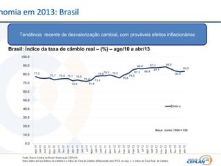 nomia em 2013: Brasil
Tendência recente de desvalorização cambial, com prováveis efeitos inflacionários
Brasil: Índice da taxa de câmbio real – (%) – ago/10 a abr/13
 