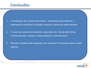 1. A construção civil retoma crescimento , contribuindo para melhorar o
desempenho econômico do Estado, situando-o acima da média nacional;
2. O setor vem sendo um importante absorvedor de mão de obra formal,
contribuindo para ampliar a massa salarial e o consumo local;
3. Mercado imobiliário está aquecido com custo por m² crescente e área média
cadente;
Conclusões
 