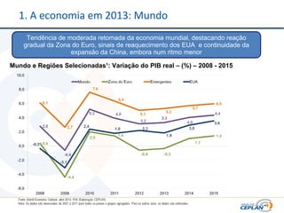 1. A economia em 2013: Mundo
Tendência de moderada retomada da economia mundial, destacando reação
gradual da Zona do Euro, sinais de reaquecimento dos EUA e continuidade da
expansão da China, embora num ritmo menor
Mundo e Regiões Selecionadas¹: Variação do PIB real – (%) – 2008 - 2015
 