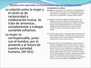 Paralelo entre Aparecida y la Espiritualidad Hijos de la Madre de Dios La relación entre la mujer y el varón es de reciprocidad y colaboración mutua. Se trata de armonizar, complementar y trabajar sumando esfuerzos.  La mujer es corresponsable, junto con el hombre, por el presente y el futuro de nuestra sociedad humana. (AP 451) LOS MIEMBROS DE LA FAMILIA.   Recuerden:  En una familia no hay individuos e individualidades en serie, sino diferentes y únicos, con caracteres diferentes, los cuales deben ser respetados, en sí en su dignidad y libertad, porque en sí los respeta Dios, su propio creador y dueño.   En la Iglesia no hay fichas homogéneas, hechas en serie, sino individuos que son uno, únicos e interrelacionados. Cada miembro de la Iglesia está llamado a ser espejo de familia de Nazaret, como cada gota del agua de un río o del mar es realidad de y presencia de lo que es el conjunto. María Santísima, en esto, como en todo, es madre, maestra y modelo.   El ser familia, exige respeto a la dignidad y libertad individuales de cada uno de los hombres, no importa quién y cómo sea. Esta es la enseñanza de Dios, quien respeta eminentemente esos atributos que, a la vez, son de su esencia..    El nuevo estilo, que es nuevo mandamiento, es este: Vivamos el respeto a la dignidad de cada uno de los hombres, nuestros hermanos, como Dios lo hace y, como a su imagen y ejemplo, María lo hace. Este es un mandamiento nuevo; porque es amor y el amor es el nuevo mandamiento, dado por Dios al hombre, desde siempre: Sean amor.  Por amor sean respeto para el hombre. Respeten al hombre. Ejercítense en proclamar con hechos la libertad del hombre, partiendo del amor de ustedes.  La hora más resonante de la Iglesia, por la presencia de Dios, es y debe ser la libertad.  (SEMINARIO 2 PASO 5) 