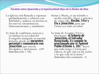 Paralelo entre Aparecida y la Espiritualidad Hijos de la Madre de Dios La Iglesia está llamada a repensar profundamente y relanzar con fidelidad y audacia su misión en las nuevas circunstancias latinoamericanas y mundiales. Se trata de confirmar, renovar y revitalizar la novedad del Evangelio arraigada en nuestra historia, desde un  encuentro personal y comunitario con Jesucristo , que suscite discípulos y misioneros.  (AP Introducción 1-18) Imitar a María, es un método o medio sencillo, eficaz y práctico de cómo ella,  Recibe, Vive y Da a Jesucristo , para que Cristo sea todo en todos.  Se trata de Aceptar, Vivir y Proclamar   el Señorío de Jesucristo, el Salvador Resucitado. Es cumplir lo proclamado por el Apóstol Pablo (Efesios 1, 10):  “hacer que todo tenga a Cristo por cabeza, lo que está en los cielos y lo que está en la tierra.” (Introducción seminario  1) 