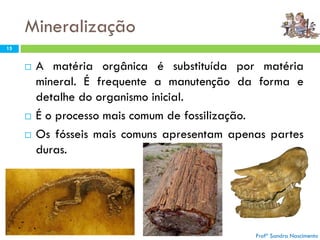 Mineralização
15
 A matéria orgânica é substituída por matéria
mineral. É frequente a manutenção da forma e
detalhe do organismo inicial.
 É o processo mais comum de fossilização.
 Os fósseis mais comuns apresentam apenas partes
duras.
Profª Sandra Nascimento
 