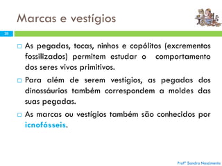 Marcas e vestígios
Profª Sandra Nascimento
20
 As pegadas, tocas, ninhos e copólitos (excrementos
fossilizados) permitem estudar o comportamento
dos seres vivos primitivos.
 Para além de serem vestígios, as pegadas dos
dinossáurios também correspondem a moldes das
suas pegadas.
 As marcas ou vestígios também são conhecidos por
icnofósseis.
Profª Sandra Nascimento
 