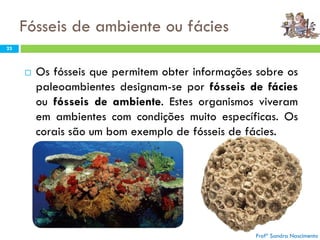 Fósseis de ambiente ou fácies
 Os fósseis que permitem obter informações sobre os
paleoambientes designam-se por fósseis de fácies
ou fósseis de ambiente. Estes organismos viveram
em ambientes com condições muito específicas. Os
corais são um bom exemplo de fósseis de fácies.
Profª Sandra Nascimento
23
 