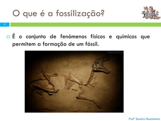 O que é a fossilização?
 É o conjunto de fenómenos físicos e químicos que
permitem a formação de um fóssil.
Profª Sandra Nascimento
7
 