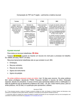 Composição do TRT da 4ª região – pertinente a matéria recursal:



                   Turmas                       1ª SDI                    2ª SDI                          SDC


                Julgam recursos              Mandado de             Ações rescisórias      1) A ação de dissídio coletivo de
             (ordinário, agravo de      segurança, quando a           oriundas das          âmbito regional, porque se for
            petição, etc.) oriundos     autoridade coatora for     decisões das varas       de âmbito nacional (caso dos
               das decisões dos        magistrado – funciona       e das decisões do       petroleiros) cabe ao TST julgar.
               juízes das varas -           como 1º grau,          TRT - competência
                  Competência          competência originária.          originária          Todavia, tal sentença normativa
                   originária.                                                               tem vigência determinada, de
                                          Habeas corpus, no                                     no máx 2 anos, logo há
                                         caso do depositário
                                        infiel - funciona como                              2) a RVDC (revisão do dissídio
                                        1º grau, competência                                coletivo). É a revisão judicial do
                                                originária.                                  dissídio coletivo anterior, caso
                                                                                               não houver acordo. Só há
                                           Consignação de                                    revisão se a sentença do ano
                                            pagamento                                         anterior for normativa, se for
                                                                                              acordo ou convenção não é
                                                Arresto                                                   RVDC




    b) prazo recursal
    Para todos os recursos trabalhistas: 08 dias
   Todavia há exceção quando se importa um recurso do cível para o processo do trabalho.
Ex: EMDE (05 dias), REXT (15 dias).
    Recursos tipicamente trabalhistas são os que constam no art. 893:
    •    Embargos;
    •    Recurso ordinário;
    •    Recurso de revista;
    •    Agravo de instrumento
    •    Agravo de petição


   Os entes públicos possuem prazo em dobro: tem 16 dias para recorrer. Os entes públicos
têm vários privilégios: decreto-lei 779/69. Possuem também o recurso de oficio. Execução
especial, através de precatória. O prazo mínimo para apresentar defesa entre a notificação e a
data da audiência que se apresenta a defesa é de 5 dias – art. 841. Esse mesmo prazo, para os
entes públicos, vira 20 dias, é o quádruplo para apresentar a defesa.

                                                            Decreto-lei 779/69
Art. 1º Nos processos perante a Justiça do Trabalho constituem privilégio da União, dos Estados, do Distrito Federal, dos Municípios e das
autarquias ou fundações de direito público federais, estaduais ou municipais que não explorem atividade econômica:
I - a presunção relativa de validade dos recibos de quitação ou pedidos de demissão de seus empregados ainda que não homologados nem
submetidos à assistência mencionada nos parágrafos 1º, 2º e 3º do Art. 477, CLT;
 