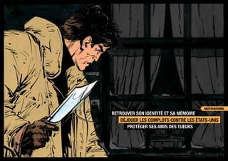 Retrouver son identité et sa mémoire 
Déjouer les complots contre les états-Unis 
Protéger ses amis des tueurs 
motivations 
 