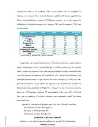 constituyen el 43% de los accidentes. Pero, si consideramos sólo los accidentes de

tránsito, estos sumaron 1355. Es decir, de estos accidentes de tránsito registrados en

Jalisco, los atropellamientos sumaron el 38% de esta categoría y por sí solos superan las

incidencias de las otras dos categorías por separado: 34% para los choques y 27.4% para

las volcaduras).

      Estado de Jalisco             2009              2010       2011        2012 (Ene-
                                                                                Jun)
      Atropellamiento               502                514        523           238
          Choque                    538                539        461           231
         Volcadura                  393                383        371           164
      Ahogamientos                  138                126        108            41
          Caídas                    284                253        269           120
       Quemaduras                    68                 73         71            34
    Broncoaspiraciones              147                113         99            51
      Intoxicaciones                 31                 56         31            16
           Total                    2101              2057       1933           889
    *Fuente: Instituto Jalisciense de Ciencias Forenses




   En general, lo que quiero argumentar con esta información, que a algunos podría

parecer un poco engorrosa, es una realidad que es más bien embarazosa: los peatones

están – estamos- en constante riesgo y en gran desventaja en las calles, en especial si en

esas calles regentea el espíritu de la legitimidad del lema “lámina contra epidermis” que

está implícito en la creencia de que las calles son de los automóviles. En todo caso, ¡Oh,

gran descubrimiento!, lo que señalan los ingleses es que al reducir la velocidad de

determinadas zonas, de 25mph a 16mph, “On average, for every 1mph speed reduction,

there was a 6.2% accident reduction. All road accidents in the zones fell by 61%, and

there was no evidence of accident migration onto surrounding roads” Los datos

puntuales fueron:

       The effects were particularly significant for the most vulnerable road users:
         All pedestrian accidents down by 63%
         All cyclist accidents down by 29%
         Motorcyclist accidents down by 73%

                         pdfMachine by Broadgun Software

   pdfMachine es una aplicación que genera fácilmente archivos PDF de alta calidad.    14

                                   ¡Obtenga su copia!
 