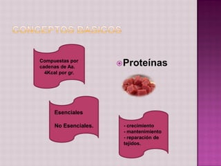 Compuestas por
cadenas de Aa.         Proteínas
  4Kcal por gr.




     Esenciales

     No Esenciales.    - crecimiento
                       - mantenimiento
                       - reparación de
                       tejidos.
 