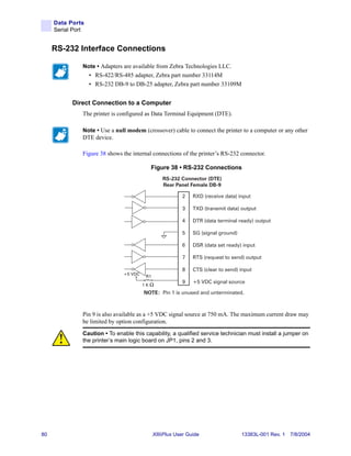 Data Ports
     Serial Port


     RS-232 Interface Connections

               Note • Adapters are available from Zebra Technologies LLC.
                   • RS-422/RS-485 adapter, Zebra part number 33114M
                   • RS-232 DB-9 to DB-25 adapter, Zebra part number 33109M


           Direct Connection to a Computer
               The printer is configured as Data Terminal Equipment (DTE).

               Note • Use a null modem (crossover) cable to connect the printer to a computer or any other
               DTE device.

               Figure 38 shows the internal connections of the printer’s RS-232 connector.

                                             Figure 38 • RS-232 Connections
                                                  RS-232 Connector (DTE)
                                                  Rear Panel Female DB-9

                                                          2    RXD (receive data) input

                                                          3    TXD (transmit data) output

                                                          4    DTR (data terminal ready) output

                                                          5    SG (signal ground)

                                                          6    DSR (data set ready) input

                                                          7    RTS (request to send) output

                                                          8    CTS (clear to send) input
                               +5 VDC
                                         R1
                                                          9    +5 VDC signal source
                                        1K
                                        NOTE: Pin 1 is unused and unterminated.



               Pin 9 is also available as a +5 VDC signal source at 750 mA. The maximum current draw may
               be limited by option configuration.
               Caution • To enable this capability, a qualified service technician must install a jumper on
               the printer’s main logic board on JP1, pins 2 and 3.




80                                            XiIIIPlus User Guide                  13383L-001 Rev. 1 7/8/2004
 