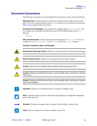 Preface
                                                                                  Document Conventions


Document Conventions
                The following conventions are used throughout this document to convey certain information:

                Alternate Color (online only) Cross-references contain hot links to other sections in this
                guide. If you are viewing this guide online in .pdf format, you can click the cross-reference
                (blue text) to jump directly to its location.

                Command Line Examples All command line examples appear in Courier New font.
                For example, you would type the following to get to the Post-Install scripts in the bin
                directory:
                     Ztools

                Files and Directories All file names and directories appear in Courier New font. For
                example, the Zebra<version number>.tar file and the /root directory.

                Cautions, Important, Note, and Example


                Electrostatic Discharge Caution • Warns you of the potential for electrostatic discharge.



                Electric Shock Caution • Warns you of a potential electric shock situation.



                Caution • Warns you of a situation where excessive heat could cause a burn.



                Caution • Advises you that failure to take or avoid a specific action could result in physical
                harm to you.


                Caution • Advises you that failure to take or avoid a specific action could result in physical
                harm to the hardware.



                Important • Advises you of information that is essential to complete a task.



                Note • Indicates neutral or positive information that emphasizes or supplements important
                points of the main text.



                Example • Provides an example, often a scenario, to better clarify a section of text.


                Tools • Tells you what tools you need to complete a given task.




13383L-001 Rev. 1   7/8/2004                 XiIIIPlus User Guide                                           xix
 