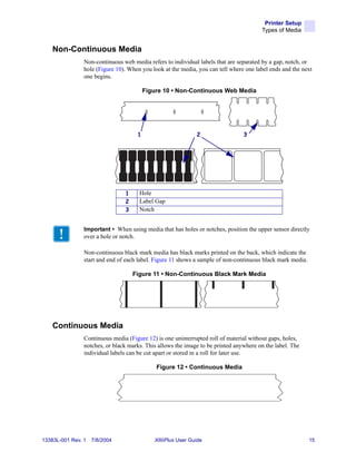Printer Setup
                                                                                       Types of Media


    Non-Continuous Media
                Non-continuous web media refers to individual labels that are separated by a gap, notch, or
                hole (Figure 10). When you look at the media, you can tell where one label ends and the next
                one begins.

                                         Figure 10 • Non-Continuous Web Media




                                     1                       2                  3




                                1     Hole
                                2     Label Gap
                                3     Notch


                Important • When using media that has holes or notches, position the upper sensor directly
                over a hole or notch.

                Non-continuous black mark media has black marks printed on the back, which indicate the
                start and end of each label. Figure 11 shows a sample of non-continuous black mark media.

                                    Figure 11 • Non-Continuous Black Mark Media




    Continuous Media
                Continuous media (Figure 12) is one uninterrupted roll of material without gaps, holes,
                notches, or black marks. This allows the image to be printed anywhere on the label. The
                individual labels can be cut apart or stored in a roll for later use.

                                             Figure 12 • Continuous Media




13383L-001 Rev. 1   7/8/2004                XiIIIPlus User Guide                                            15
 