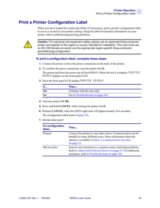 Printer Operation
                                                                           Print a Printer Configuration Label


Print a Printer Configuration Label
                When you have loaded the media and ribbon (if necessary), print a printer configuration label
                to use as a record of your printer settings. Keep the label for baseline information on your
                printer when troubleshooting printing problems.

                Caution • For personal and equipment safety, always use an approved three-conductor
                power cord specific to the region or country intended for installation. This cord must use
                an IEC 320 female connector and the appropriate region-specific three-conductor
                grounded plug configuration.

              To print a configuration label, complete these steps:
                    1. Connect the power cord to the power connection on the back of the printer.
                    2. To confirm the power connection, turn the printer On (I).
                       The printer performs the power-up self test (POST). When the test is complete, P R I N T E R
                       R E A D Y displays on the front panel LCD.
                    3. Does the front panel LCD display P R I N T E R     READY?
                       If...                   Then...
                       Yes                     Continue with the next step.
                       No                      Go to Troubleshooting on page 103.

                    4. Turn the printer Off (O).
                    5. Press and hold CANCEL while turning the printer On (I).
                    6. Release CANCEL when the DATA light turns off (approximately five seconds).
                       The configuration label prints (Figure 25).
                    7. Did the label print?

                       If a configuration
                                               Then...
                       label...
                       Printed                 Connect the printer to your data source. Communication can be
                                               handled in many different ways. More information about the
                                               options is available in Select a Communication Interface
                                               on page 12.
                       Did not print           Sensors out of position is a common cause of printing problems.
                                               Refer to Adjust and Calibrate Sensors on page 33. For additional
                                               assistance, refer to Troubleshooting on page 103.




13383L-001 Rev. 1    7/8/2004                      XiIIIPlus User Guide                                           29
 