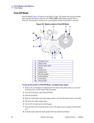 Print Modes and Options
     Print Modes


     Peel-Off Mode
              Peel-Off Mode (Figure 30) advances one label at a time. The printer does not print another
              label until the first label is removed. The TAKE LABEL light flashes until the label is
              removed. The backing is wound on the rewind spindle, but the rewind plate is not used.

                                        Figure 30 • Media Loaded in Peel-Off Mode
                                                1                  2               3     4



                              10



                               9


                               8




                                                               7       6    5

                                    1     Printhead lever
                                    2     Media guide
                                    3     Media supply guide
                                    4     Media
                                    5     Guide plate
                                    6     Spindle hook
                                    7     Rewind spindle
                                    8     Label backing
                                    9     Tear-off bar
                                   10     Printed label

              To set up the printer in Peel-Off Mode, complete these steps:
               1. Remove the rewind plate (if installed) from the front of the printer. Store it on the two
                  mounting screws on the inside of the front panel.
               2. From the front panel, select Peel-Off Mode.
               3. Open the printhead.
               4. Slide the media guide and media supply guide as far from the printer frame as possible.
               5. Flip down the media supply guide.
               6. Put the roll of media on the media hanger.
               7. Push the label core toward the printer frame. The labels must be aligned with the label
                  core.
               8. Feed the media under the media guide roller and under the printhead.


42                                           XiIIIPlus User Guide                13383L-001 Rev. 1 7/8/2004
 