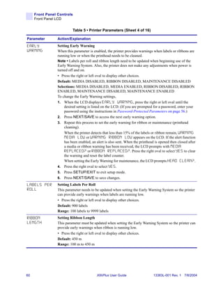 Front Panel Controls
     Front Panel LCD


                            Table 5 • Printer Parameters (Sheet 4 of 16)

Parameter        Action/Explanation

EARLY            Setting Early Warning
WARNING          When this parameter is enabled, the printer provides warnings when labels or ribbons are
                 running low or when the printhead needs to be cleaned.
                 Note • Labels per roll and ribbon length need to be updated when beginning use of the
                 Early Warning System. Also, the printer does not make any adjustments when power is
                 turned off and on.
                 • Press the right or left oval to display other choices.
                 Default: MEDIA DISABLED, RIBBON DISABLED, MAINTENANCE DISABLED
                 Selections: MEDIA DISABLED, MEDIA ENABLED, RIBBON DISABLED, RIBBON
                 ENABLED, MAINTENANCE DISABLED, MAINTENANCE ENABLED
                 To change the Early Warning settings,
                 1. When the LCD displays EARLY WARNING , press the right or left oval until the
                     desired setting is listed on the LCD. (If you are prompted for a password, enter your
                     password using the instructions in Password-Protected Parameters on page 56.)
                 2. Press NEXT/SAVE to access the next early warning option.
                 3. Repeat this process to set the early warning for ribbon or maintenance (printhead
                     cleaning).
                     When the printer detects that less than 15% of the labels or ribbon remain, W A R N I N G
                     MEDIA LOW or WARNING RIBBON LOW appears on the LCD. If the alert function
                     has been enabled, an alert is also sent. When the printhead is opened then closed after
                     a media or ribbon warning has been received, the LCD prompts with M E D I A
                     R E P L A C E D ? or R I B B O N R E P L A C E D ? . Press the right oval to select Y E S to clear
                     the warning and reset the label counter.
                     When setting the Early Warning for maintenance, the LCD prompts HEAD CLEAN? .
                 4. Press the right oval to select Y E S .
                 5. Press SETUP/EXIT to exit setup mode.
                 6. Press NEXT/SAVE to save changes.

LABELS PER       Setting Labels Per Roll
ROLL             This parameter needs to be updated when setting the Early Warning System so the printer
                 can provide early warnings when labels are running low.
                 • Press the right or left oval to display other choices.
                 Default: 900 labels
                 Range: 100 labels to 9999 labels
RIBBON           Setting Ribbon Length
LENGTH           This parameter must be updated when setting the Early Warning System so the printer can
                 provide early warnings when ribbon is running low.
                 • Press the right or left oval to display other choices.
                 Default: 450 m
                 Range: 100 m to 450 m




60                                            XiIIIPlus User Guide                     13383L-001 Rev. 1 7/8/2004
 