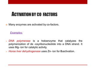 ACTIVATIONBY CO FACTORS
 Many enzymes are activated by co-factors.
Examples:
 DNA polymerase is a holoenzyme that catalyzes the
polymerization of de -oxyribonucleotide into a DNA strand. It
uses Mg- ion for catalytic activity.
 Horse liver dehydrogenase uses Zn- ion for it‟sactivation.
 