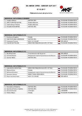 XIII. MINSK OPEN - SANKER CUP 2017
07.10.2017
Официальные результаты
(c)sportdata GmbH & Co KG 2000-2017(2017-10-10 18:39) -WKF Approved- v
9.6.1 build 1 Лицензия:Minsk Karate Federation (expire 2020-06-12)
1 / 14
INDIVIDUAL KATA FEMALE SENIORS
1 chayka valeriya KAITEN SPb RUSSIAN FEDERATION
2 ZHELTUKHINA ELENA Rodina-Moscow RUSSIAN FEDERATION
3 Savkovskaya Tatiana Rodina-Moscow RUSSIAN FEDERATION
3 RUGACHINA MARIA KAITEN SPb RUSSIAN FEDERATION
INDIVIDUAL KATA FEMALE U10
INDIVIDUAL KATA FEMALE U10
1 Buchneva Angelina Oredej RUSSIAN FEDERATION
2 RASTOPCHINA VERONIKA KAITEN SPb RUSSIAN FEDERATION
3 Новикова Полина МОО СК СЭНКЁ BELARUS
3 KULIKOVA POLINA MOSCOW REGION KLIN SPC VITYAZ RUSSIAN FEDERATION
INDIVIDUAL KATA FEMALE U12
INDIVIDUAL KATA FEMALE U12
1 Жук Вероника Спортивный клуб Фудосин BELARUS
2 Нилова Мария Федерация каратэ Архангельской области RUSSIAN FEDERATION
3 Guseva Maria KAITEN SPb RUSSIAN FEDERATION
INDIVIDUAL KATA FEMALE U14
INDIVIDUAL KATA FEMALE U14
1 SALIKHOVA KRISTINA MOSCOW REGION KLIN SPC VITYAZ RUSSIAN FEDERATION
2 Zukova Anna Oredej RUSSIAN FEDERATION
3 Бабкина Милана Федерация каратэ Архангельской области RUSSIAN FEDERATION
3 Шишова Ксения IRBIS TEAM VORONEZH RUSSIAN FEDERATION
5 Мультан Анастасия МОО СК СЭНКЁ BELARUS
INDIVIDUAL KATA FEMALE U16
INDIVIDUAL KATA FEMALE U16
1 Novoselova Ekaterina KAITEN SPb RUSSIAN FEDERATION
2 Gavrilova-Petrova Vasilina KAITEN SPb RUSSIAN FEDERATION
3 Ильина Ксения СК БУДО UKRAINE
3 Ordina Maiya Oredej RUSSIAN FEDERATION
INDIVIDUAL KATA MALE SENIORS
 